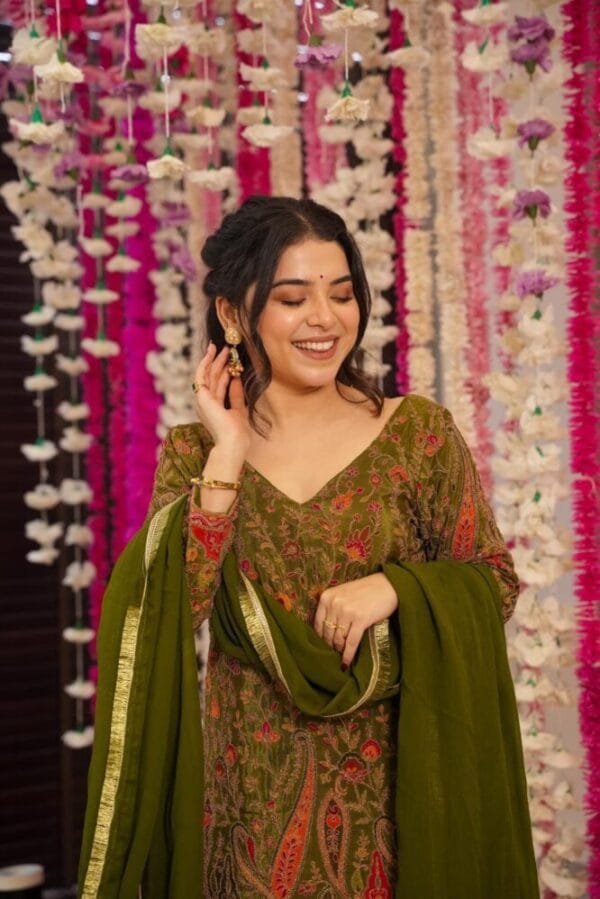 Sleek green heavy embroidered suit set - Image 3