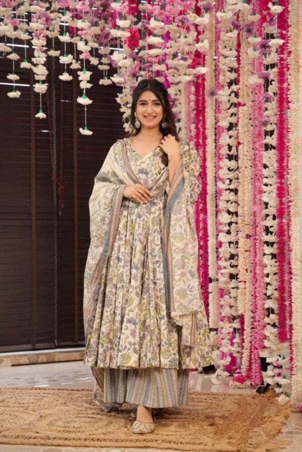 Green leaf print cotton suit set - Image 2