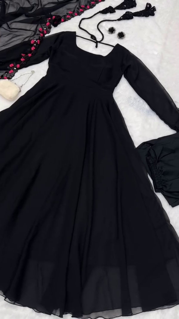 Black Anarkali Gown with Sheer Full Sleeves, Square Neckline, Matching Embroidered Dupatta with Pink Floral Sequin Detailing, Coordinated Accessories Including Hair Ties, Earrings, and Clutch – Perfect for Festive and Evening Wear - Image 3