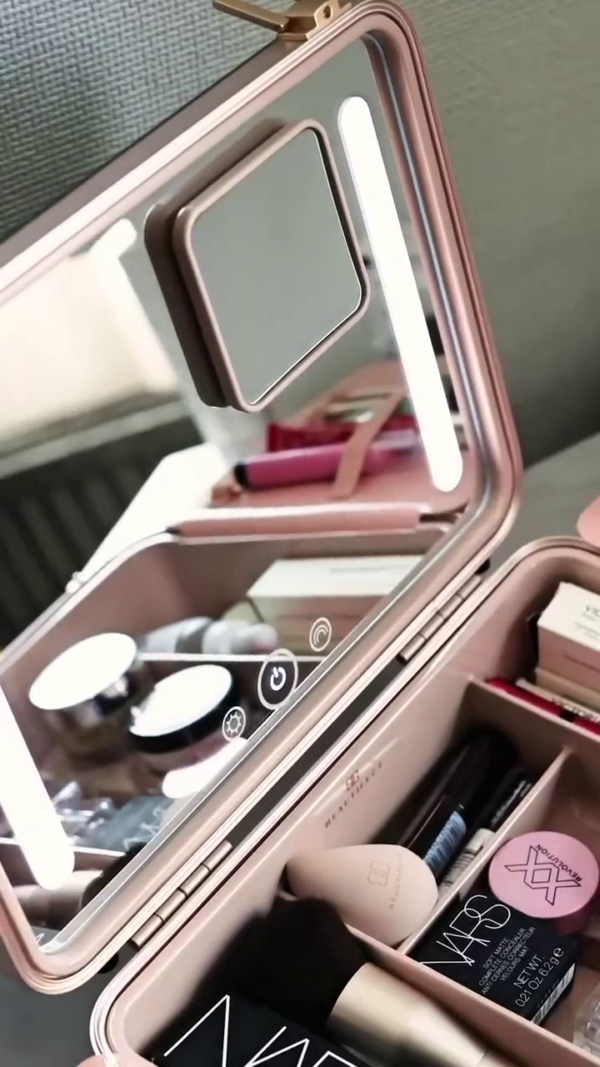 All-in-One Portable LED Makeup Organizer Box with Touchscreen Mirror, Magnifying Glass, Adjustable Lighting, and Compartments for Brushes, Cosmetics, and Skincare Essentials - Image 2