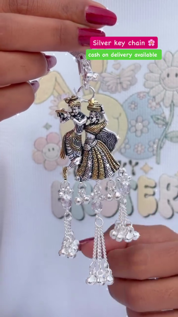 Traditional Silver Plated Radha Krishna Keychain with Intricate Detailing and Hanging Beads – Ethnic Indian Design, Perfect for Gifting or Personal Use - Image 2