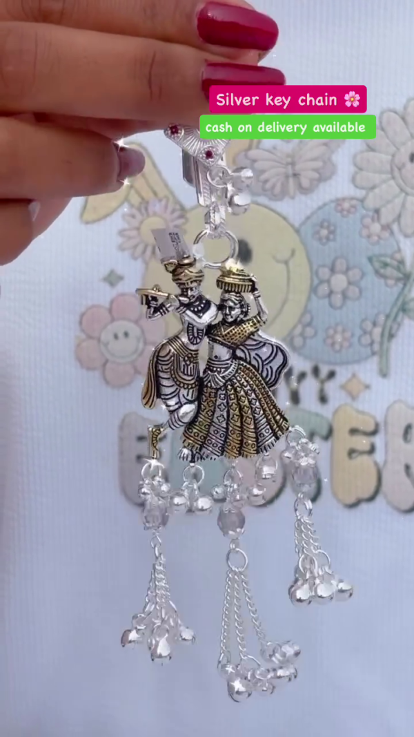 Traditional Silver Plated Radha Krishna Keychain with Intricate Detailing and Hanging Beads – Ethnic Indian Design, Perfect for Gifting or Personal Use