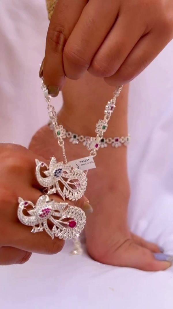 Stylish Silver-Plated Adjustable Anklet with Colorful Square Stones and Delicate Hanging Ghungroo Charms – Lightweight Traditional Payal for Daily Wear, Festive Outfits, and Ethnic Occasions - Image 3