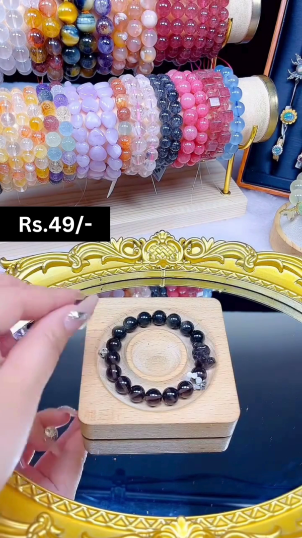 Premium Black Obsidian Beaded Stretch Bracelet Featuring Decorative Accents and Matte Finish Displayed in a Wooden Presentation Box - Image 2