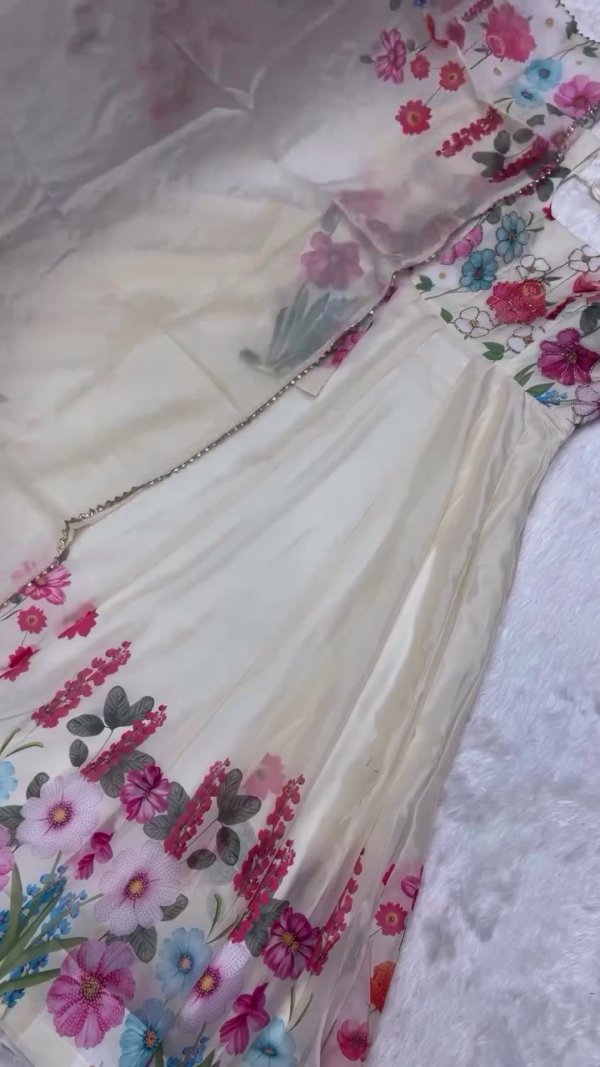 Stunning Floral Printed Semi-Stitched Gown Set in Rani Pink, Musted Yellow and Off-White Shades with Organza Dupatta and Multicolor Embroidery Ideal for Parties, Casual Festive Wear, and Elegant Day Events - Image 4