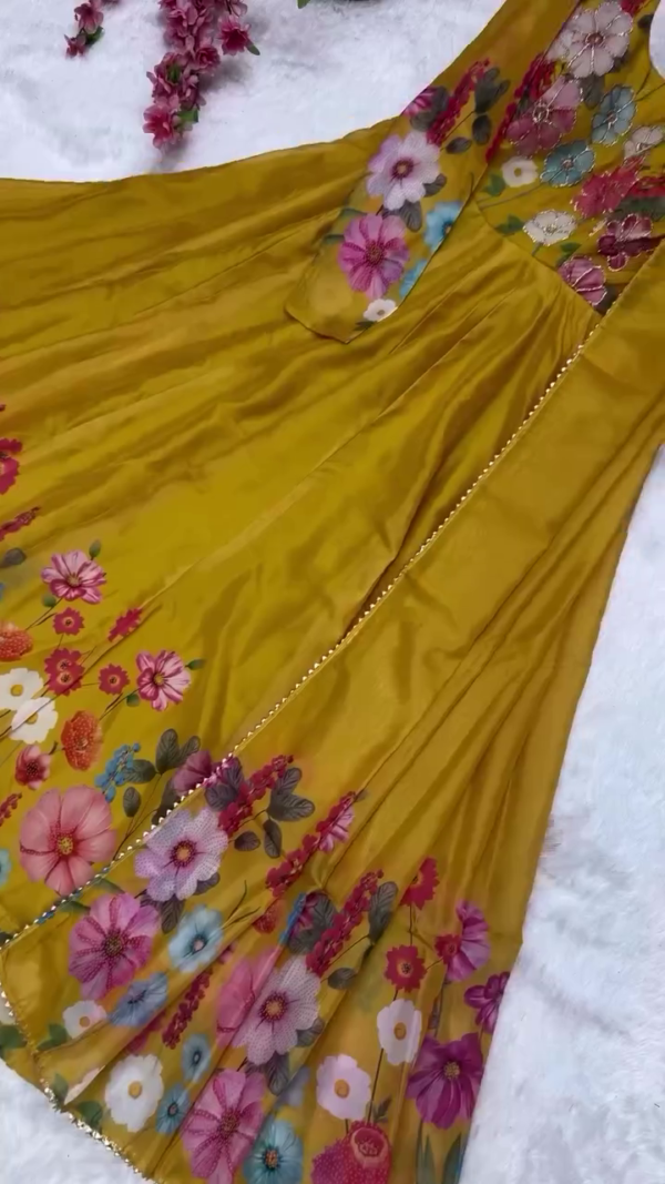 Stunning Floral Printed Semi-Stitched Gown Set in Rani Pink, Musted Yellow and Off-White Shades with Organza Dupatta and Multicolor Embroidery Ideal for Parties, Casual Festive Wear, and Elegant Day Events - Image 3
