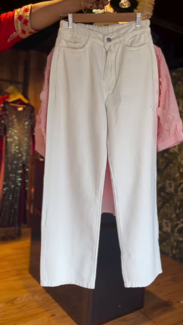 Pink Floral Embroidered Sheer Button-Down Shirt Paired with Classic White High-Waist Straight-Leg Jeans – Effortless Chic for Casual and Semi-Formal Wear - Image 2
