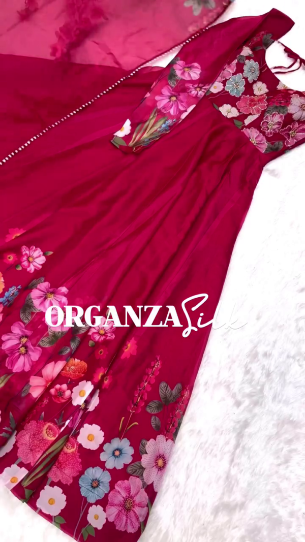 Stunning Floral Printed Semi-Stitched Gown Set in Rani Pink, Musted Yellow and Off-White Shades with Organza Dupatta and Multicolor Embroidery Ideal for Parties, Casual Festive Wear, and Elegant Day Events - Image 2