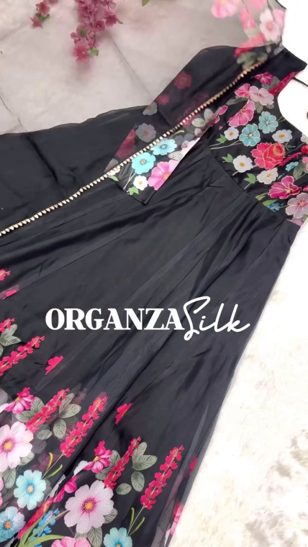 Stunning Floral Printed Semi-Stitched Gown Set in Rani Pink, Musted Yellow and Off-White Shades with Organza Dupatta and Multicolor Embroidery Ideal for Parties, Casual Festive Wear, and Elegant Day Events - Image 5