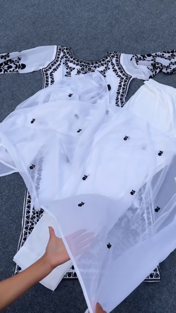 White and Black Chikankari Embroidered Cotton Straight Kurta with Matching Bottoms, Full Sleeve Ethnic Suit Set for Women – Graceful Floral Thread Work and Traditional Design - Image 2