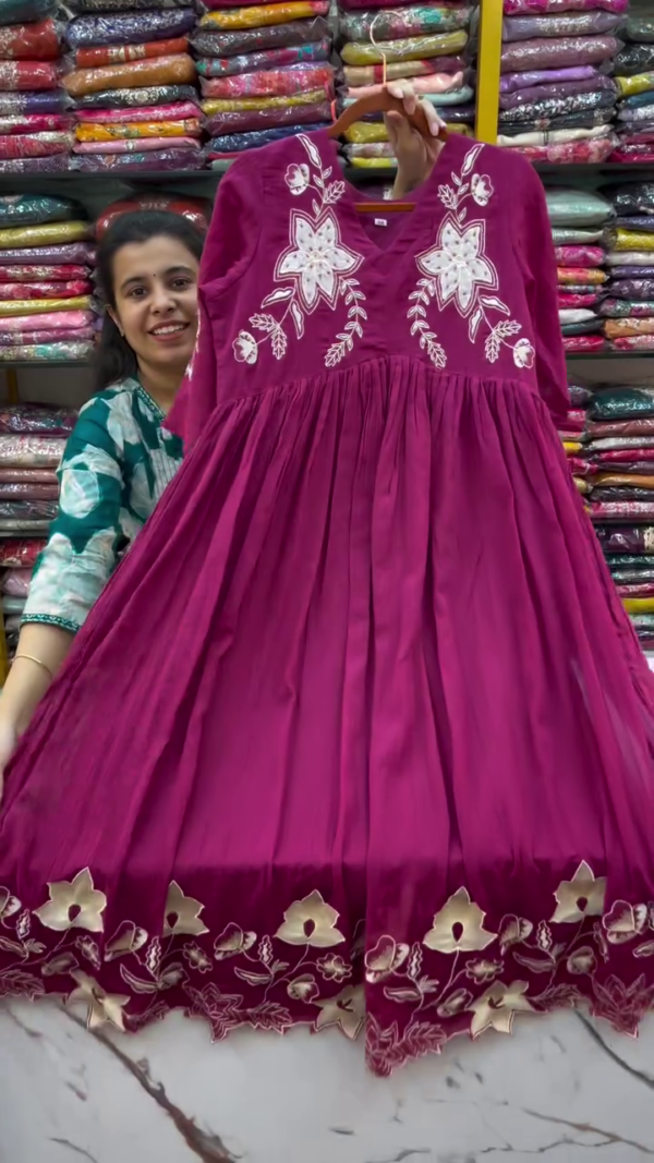 Magenta Flared Anarkali Kurta Set with Intricate White Floral Embroidery on Yoke, Border, and Sleeves Paired with Matching Solid Bottom – Perfect for Festive and Traditional Occasions - Image 3