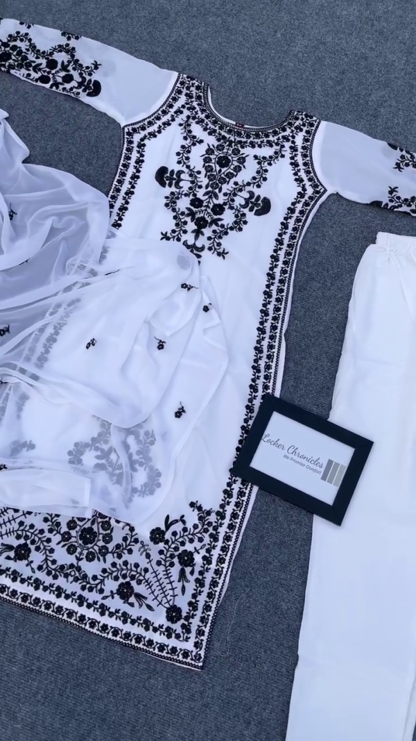 White and Black Chikankari Embroidered Cotton Straight Kurta with Matching Bottoms, Full Sleeve Ethnic Suit Set for Women – Graceful Floral Thread Work and Traditional Design - Image 3