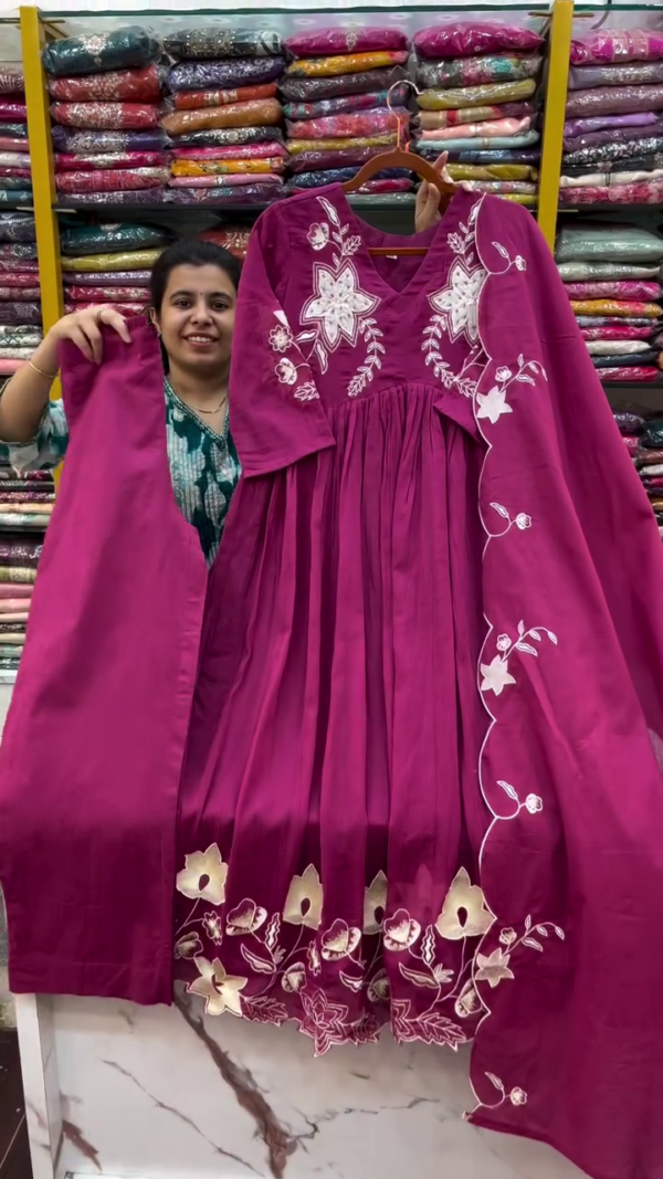 Magenta Flared Anarkali Kurta Set with Intricate White Floral Embroidery on Yoke, Border, and Sleeves Paired with Matching Solid Bottom – Perfect for Festive and Traditional Occasions - Image 2
