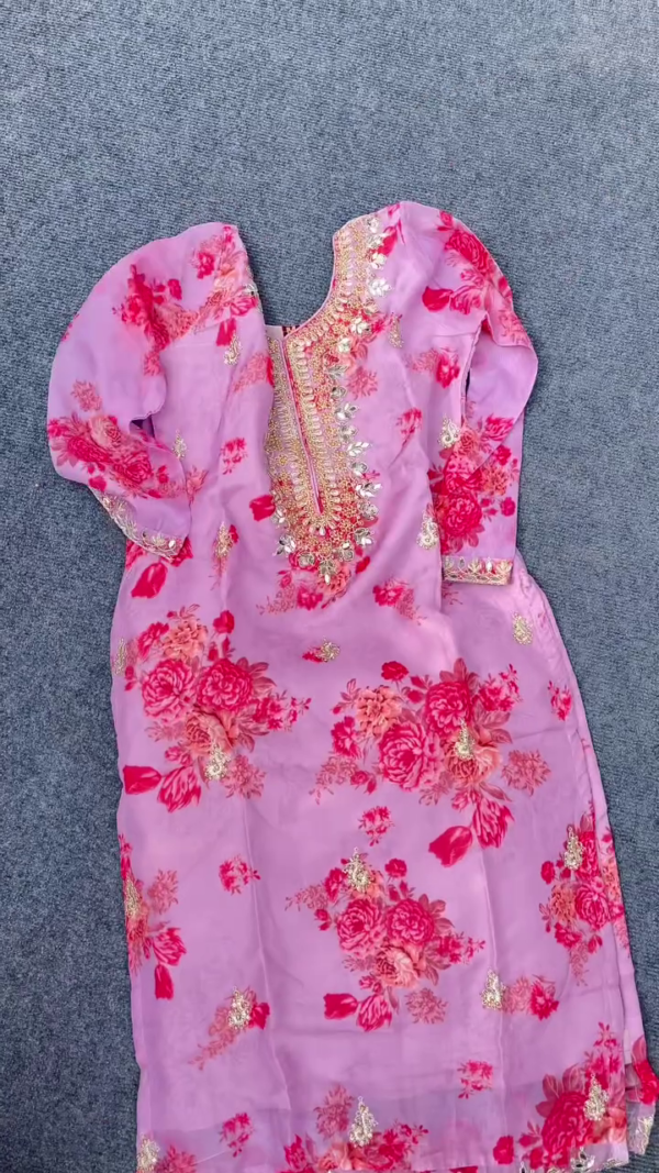 Designer Floral Printed Organza Suit Set for Women with Intricate Mirror Work Neckline, Embroidered Detailing and Matching Bottoms in Elegant Pastel and Bold Shades – Perfect for Festive and Ethnic Occasions - Image 2
