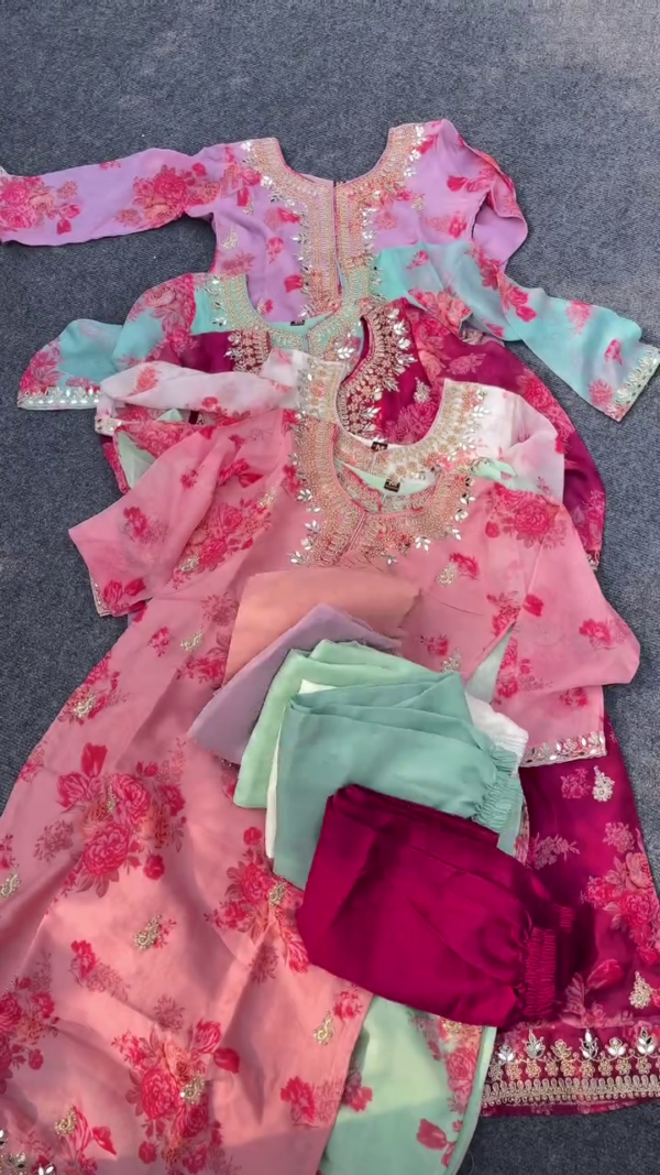 Designer Floral Printed Organza Suit Set for Women with Intricate Mirror Work Neckline, Embroidered Detailing and Matching Bottoms in Elegant Pastel and Bold Shades – Perfect for Festive and Ethnic Occasions - Image 3