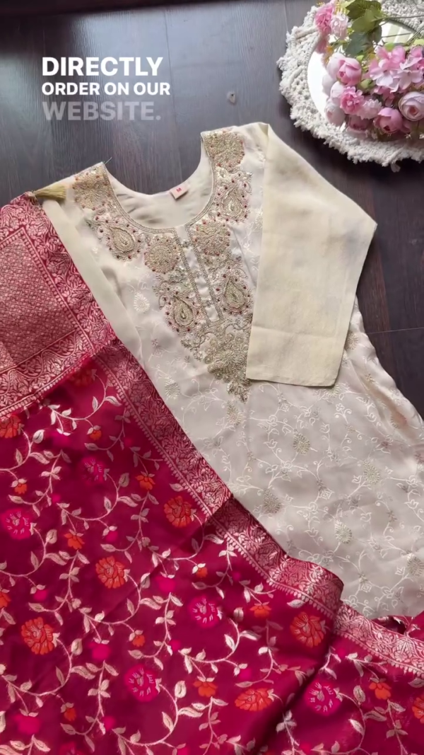 Cream Premium Tissue Silk Straight Kurta Set Featuring Intricate Zari and Sequin Embroidery on Yoke, Subtle Self-Weave Detailing, Paired with Coordinated Bottoms and Contrasting Rich Pink Banarasi Floral Dupatta – Ideal for Festive and Ethnic Celebrations - Image 3