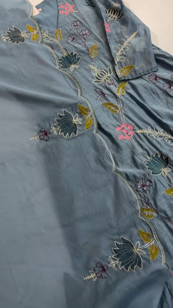 Dual-Tone Ethnic Suit Set Featuring Soft Blue and Beige Color Options, Intricately Embroidered with Multicolored Floral and Leaf Motifs on Silk-Look Fabric, Styled with Scalloped Neckline and Coordinated Sleeves and Bottoms – A Graceful Ensemble for Festive and Semi-Formal Occasions - Image 2