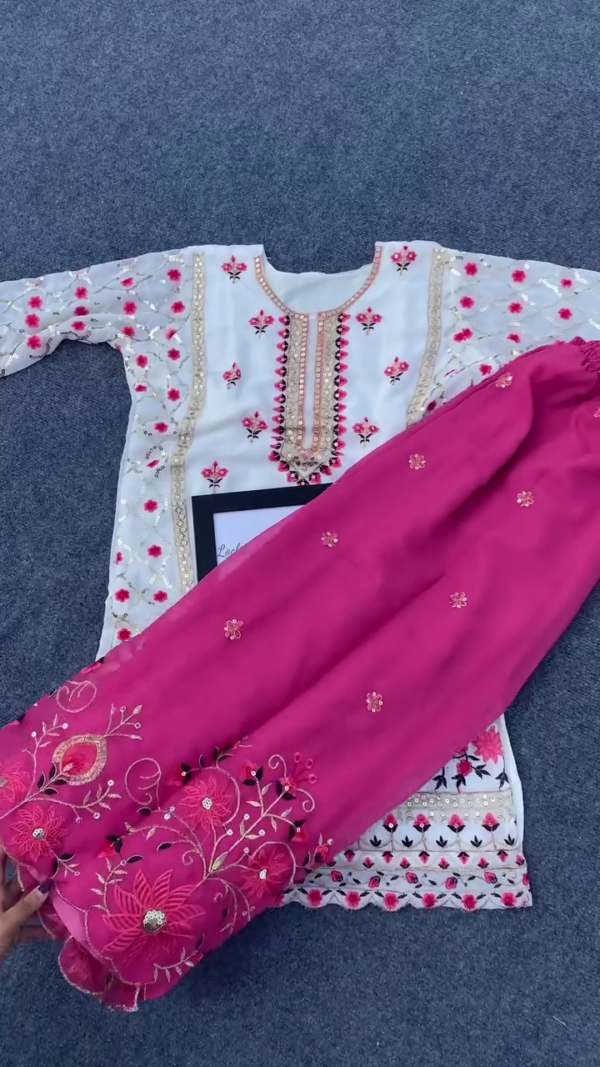 White and Rani Pink Heavy Embroidered Georgette Suit Set for Women Featuring Mirror and Thread Work on Neck and Sleeves, Floral Detailing, and Matching Embroidered Bottom and Dupatta – Ideal for Festive and Wedding Occasions - Image 2