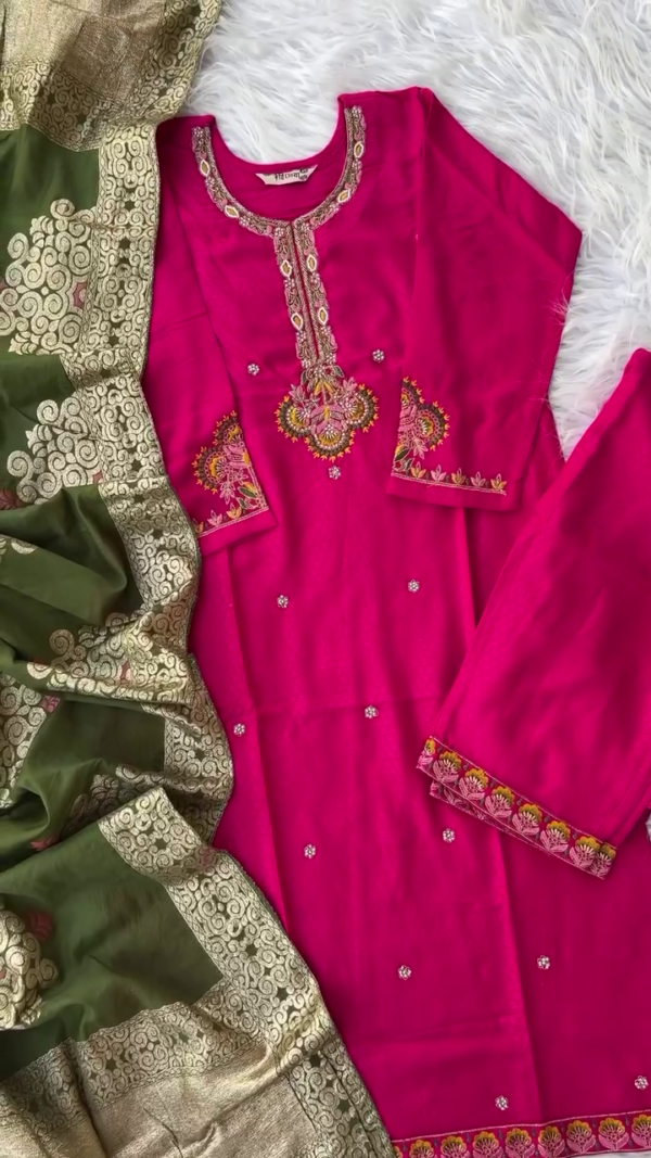 Rani Pink Embroidered Straight-Cut Suit Set with Intricate Mirror Work, Thread Detailing, Matching Bottoms, and Contrasting Olive Green Banarasi Silk Dupatta with Rich Golden Zari Border