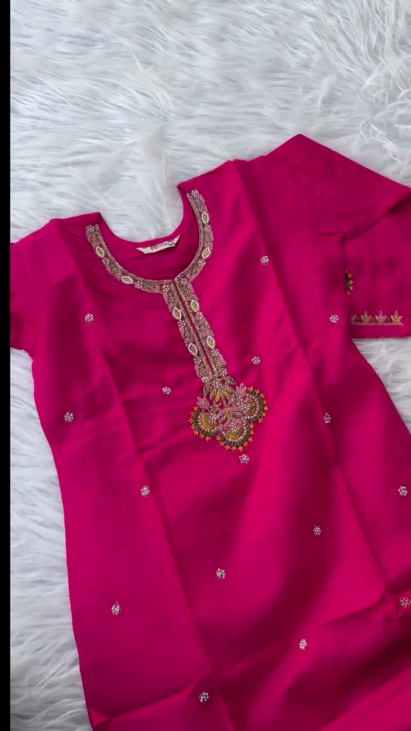 Rani Pink Embroidered Straight-Cut Suit Set with Intricate Mirror Work, Thread Detailing, Matching Bottoms, and Contrasting Olive Green Banarasi Silk Dupatta with Rich Golden Zari Border - Image 2