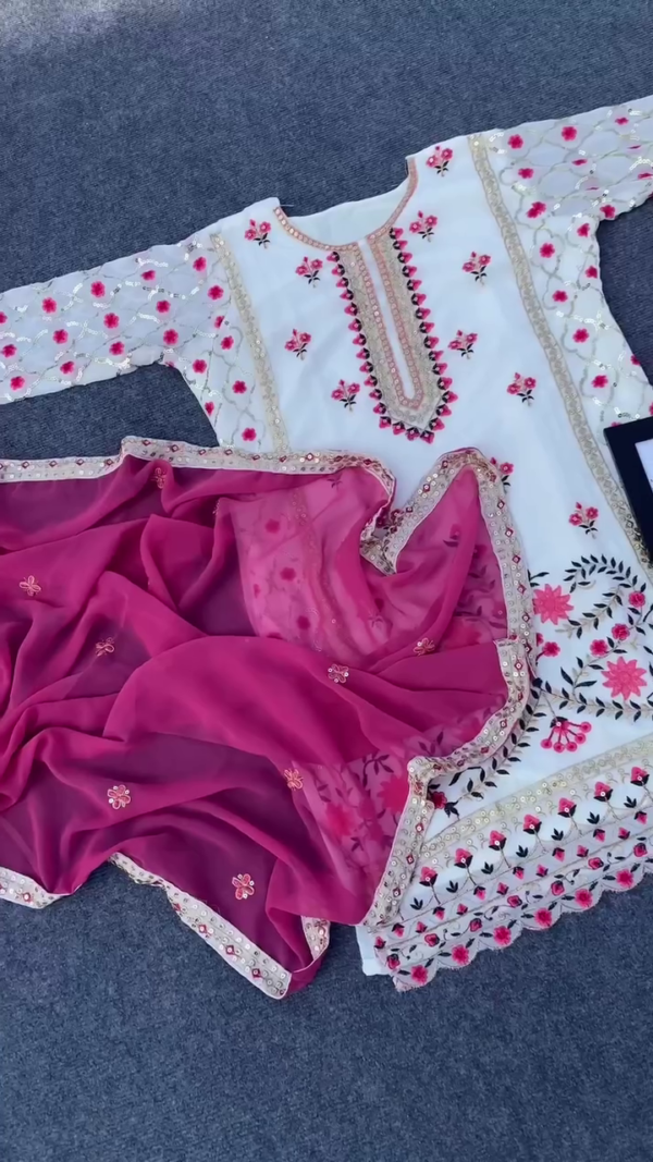 White and Rani Pink Heavy Embroidered Georgette Suit Set for Women Featuring Mirror and Thread Work on Neck and Sleeves, Floral Detailing, and Matching Embroidered Bottom and Dupatta – Ideal for Festive and Wedding Occasions - Image 3