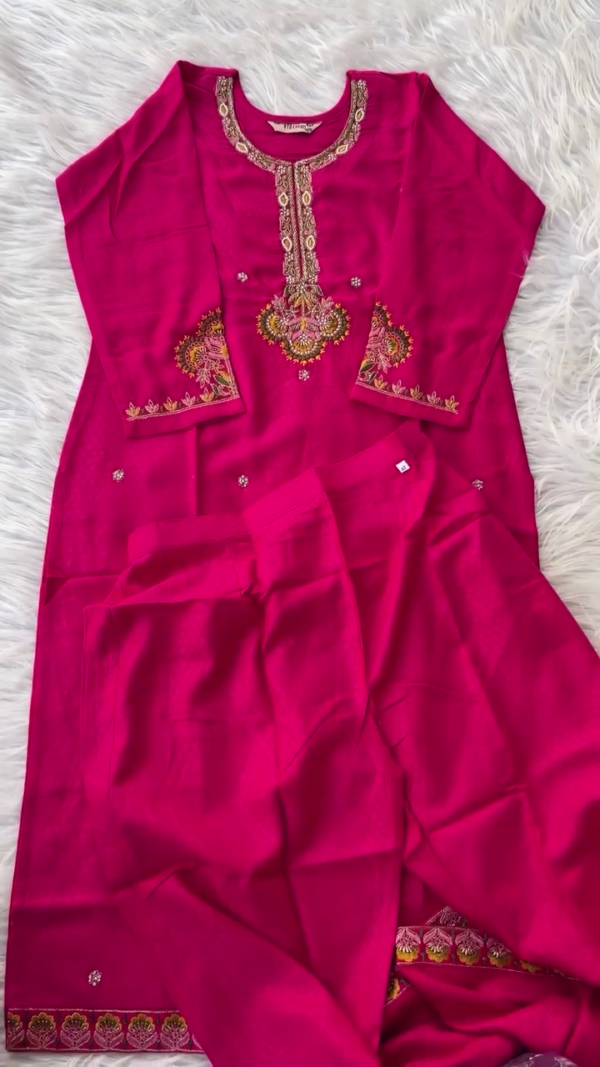 Rani Pink Embroidered Straight-Cut Suit Set with Intricate Mirror Work, Thread Detailing, Matching Bottoms, and Contrasting Olive Green Banarasi Silk Dupatta with Rich Golden Zari Border - Image 3