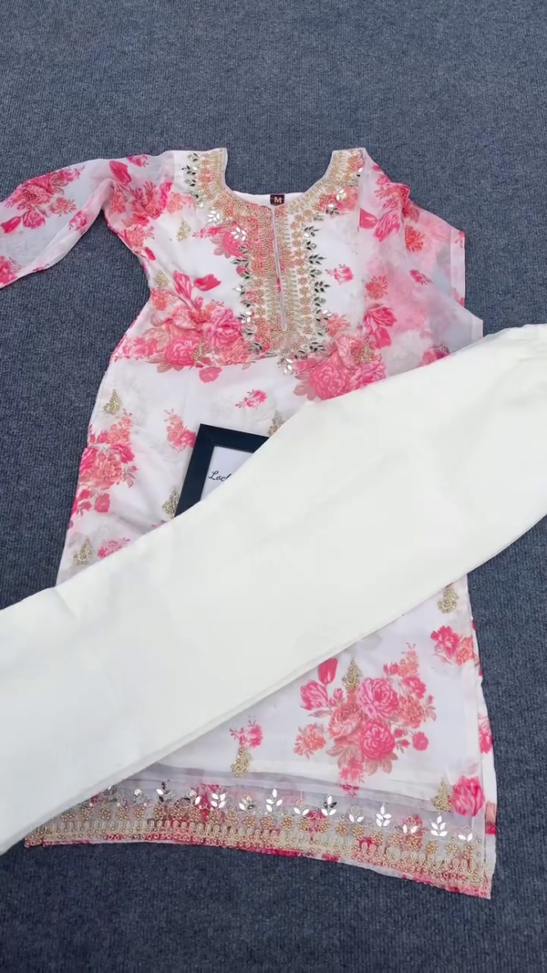White and Pink Floral Embroidered Georgette Suit Set with Sequin Work, Sheer Organza Dupatta and Matching Bottoms – Festive and Ethnic Wear