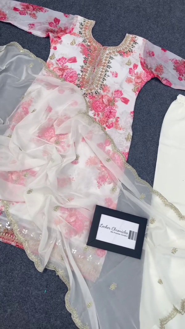 White and Pink Floral Embroidered Georgette Suit Set with Sequin Work, Sheer Organza Dupatta and Matching Bottoms – Festive and Ethnic Wear - Image 2