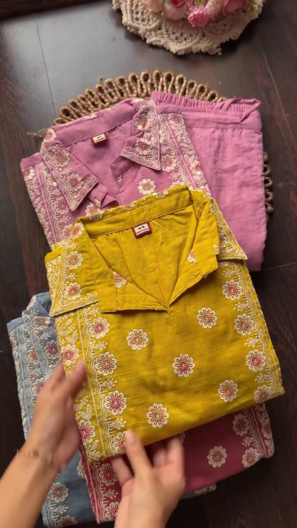Premium Cotton Co-Ord Set with Floral Thread Embroidery, Lace Detailing on Sleeves and Hemline, Shirt Collar Neck Design, Available in Multiple Vibrant Shades Including Pink, Maroon, Blue, Lilac, and Mustard, Perfect for Casual and Festive Wear
