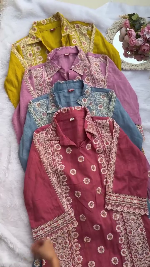 Premium Cotton Co-Ord Set with Floral Thread Embroidery, Lace Detailing on Sleeves and Hemline, Shirt Collar Neck Design, Available in Multiple Vibrant Shades Including Pink, Maroon, Blue, Lilac, and Mustard, Perfect for Casual and Festive Wear - Image 3