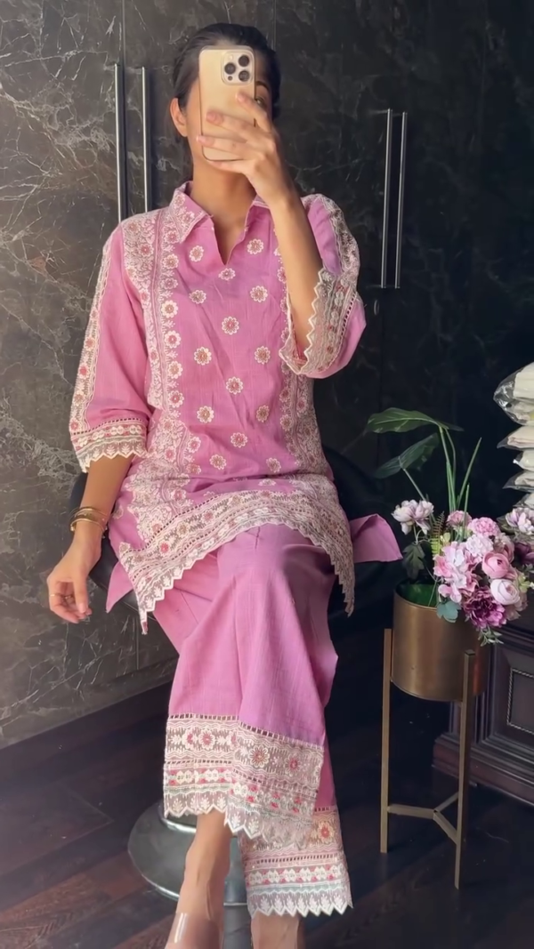 Premium Cotton Co-Ord Set with Floral Thread Embroidery, Lace Detailing on Sleeves and Hemline, Shirt Collar Neck Design, Available in Multiple Vibrant Shades Including Pink, Maroon, Blue, Lilac, and Mustard, Perfect for Casual and Festive Wear - Image 2