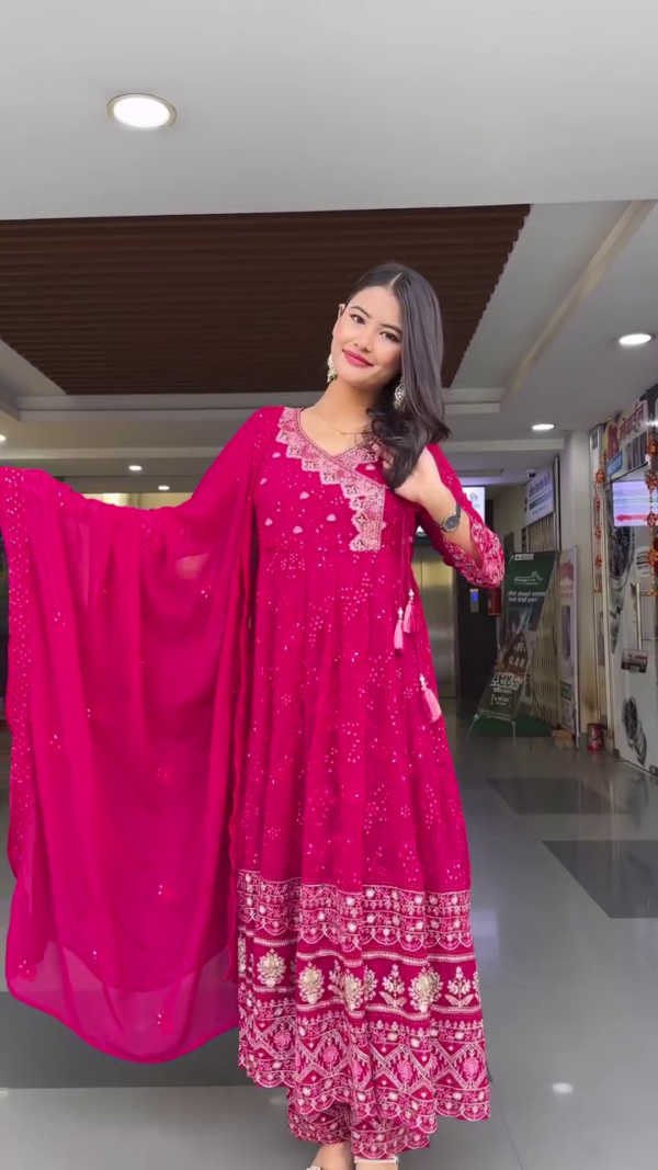 Magenta Pink Embroidered Anarkali Suit Set for Women with Heavy Gota and Sequin Work, Matching Dupatta, Palazzo Pants, and Ethnic Motif Detailing – Perfect for Festive and Wedding Occasions - Image 3