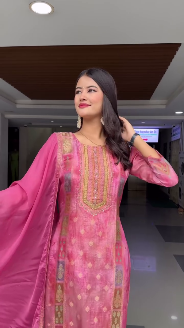 Traditional Readymade Kurti Pant Dupatta Set for Women with Intricate Embroidery and Printed Design, Available in Beautiful Aqua Blue and Vibrant Rani Pink Shades – Perfect for Festive Wear, Ethnic Occasions, or Cultural Celebrations - Image 3