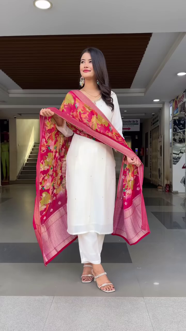 Graceful White Straight-Cut Kurta Set with Subtle Embellishments and Bright Floral Organza Dupatta – Elegant and Minimalist Ethnic Ensemble for Festive, Formal, or Daytime Celebrations