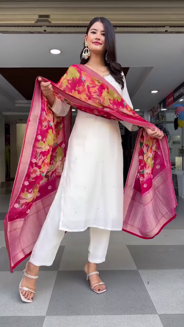 Graceful White Straight-Cut Kurta Set with Subtle Embellishments and Bright Floral Organza Dupatta – Elegant and Minimalist Ethnic Ensemble for Festive, Formal, or Daytime Celebrations - Image 2