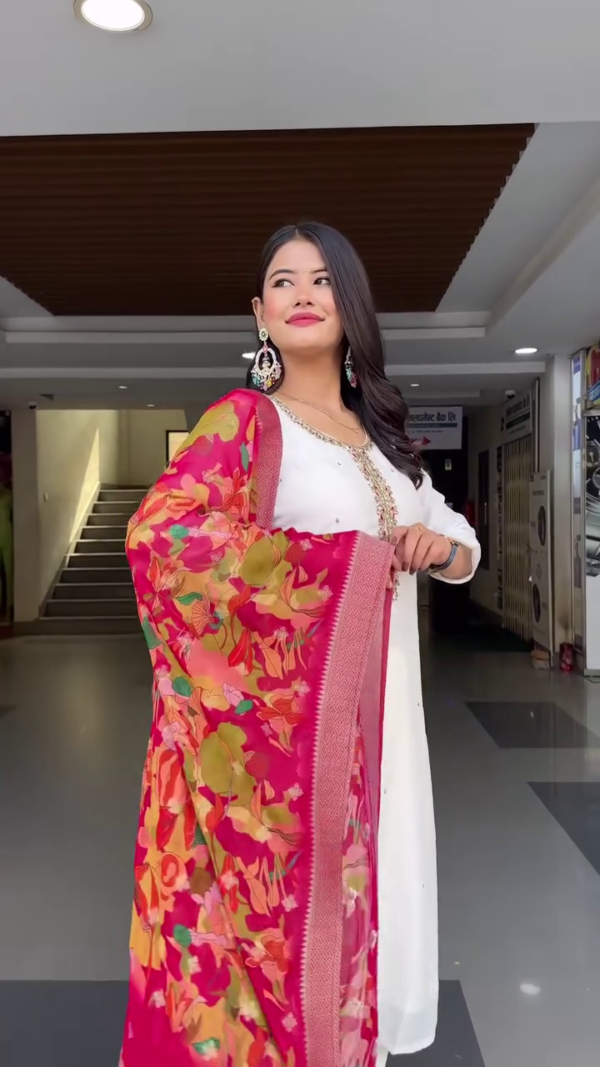 Graceful White Straight-Cut Kurta Set with Subtle Embellishments and Bright Floral Organza Dupatta – Elegant and Minimalist Ethnic Ensemble for Festive, Formal, or Daytime Celebrations - Image 3