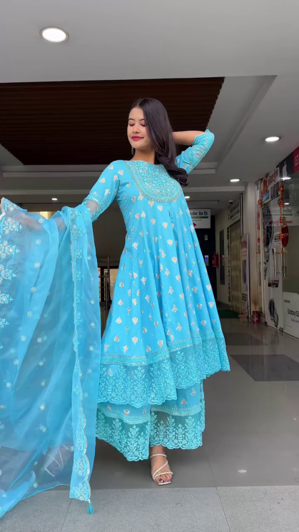 Sky Blue Embroidered Anarkali Suit Set with Mirror and Thread Work Detailing, Paired with Matching Palazzo Pants and Sheer Embellished Dupatta – Perfect for Festive and Traditional Occasions