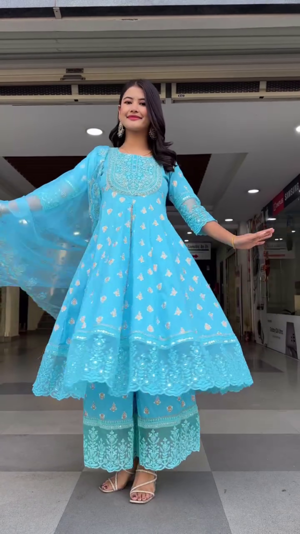 Sky Blue Embroidered Anarkali Suit Set with Mirror and Thread Work Detailing, Paired with Matching Palazzo Pants and Sheer Embellished Dupatta – Perfect for Festive and Traditional Occasions - Image 2