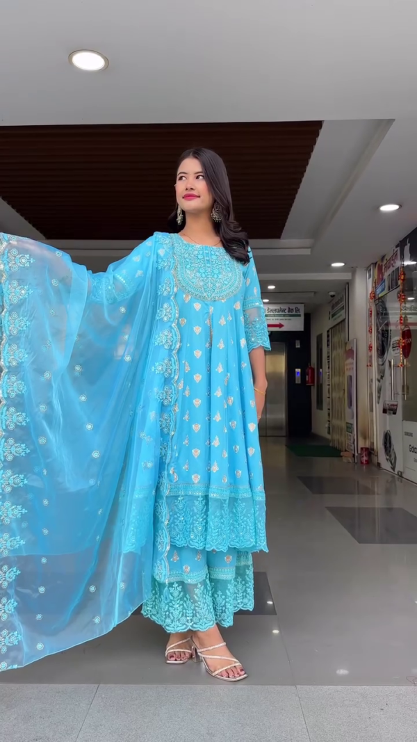 Sky Blue Embroidered Anarkali Suit Set with Mirror and Thread Work Detailing, Paired with Matching Palazzo Pants and Sheer Embellished Dupatta – Perfect for Festive and Traditional Occasions - Image 3