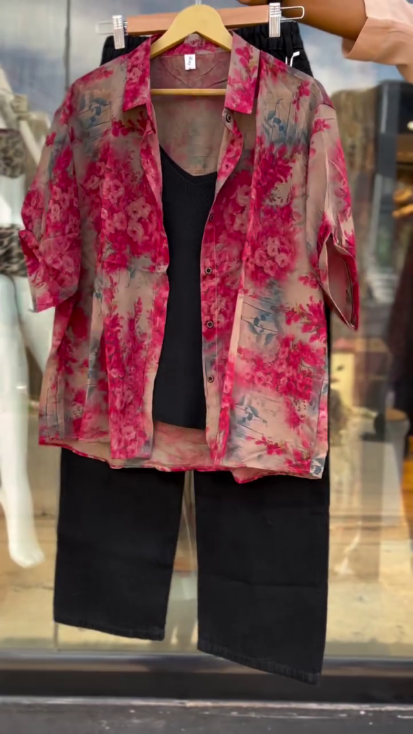 Women's Casual Summer Outfit Set Featuring Sheer Floral Button-Down Shirt in Pink and Beige with Black Ribbed Tank Top and High-Waisted Straight-Leg Black Denim Jeans – Stylish Lightweight Ensemble for Everyday Wear