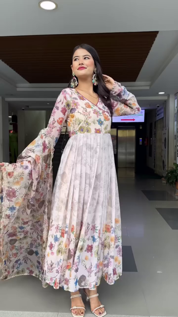 Full-Length Floral Anarkali Dress Featuring Vibrant Multicolor Printed Design, Flowy Chiffon Fabric, Flared Sleeves with Lace Detailing, and V-Neckline – Perfect for Festive, Ethnic, or Special Occasions