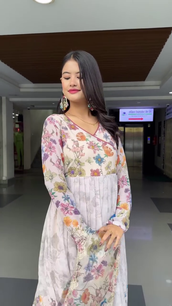 Full-Length Floral Anarkali Dress Featuring Vibrant Multicolor Printed Design, Flowy Chiffon Fabric, Flared Sleeves with Lace Detailing, and V-Neckline – Perfect for Festive, Ethnic, or Special Occasions - Image 2