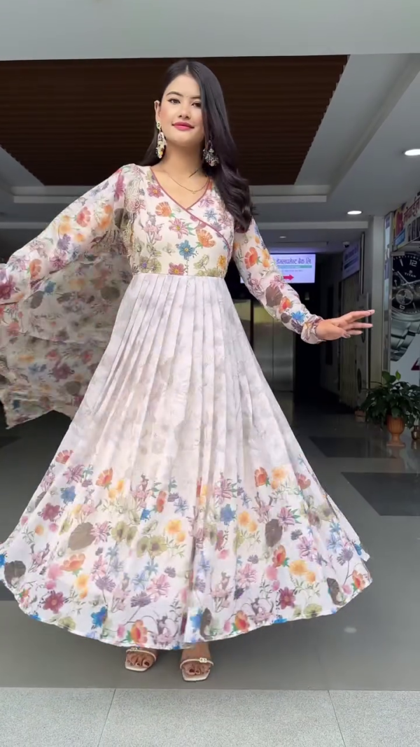 Full-Length Floral Anarkali Dress Featuring Vibrant Multicolor Printed Design, Flowy Chiffon Fabric, Flared Sleeves with Lace Detailing, and V-Neckline – Perfect for Festive, Ethnic, or Special Occasions - Image 3
