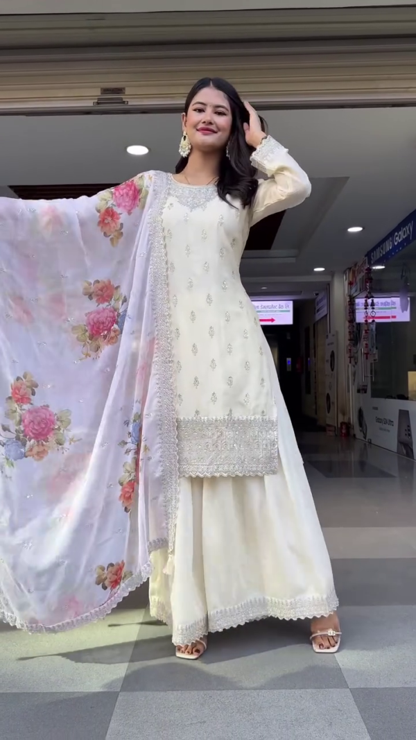 Off-White Designer Palazzo Suit Set with Intricate Silver Embroidery, Floral Printed Organza Dupatta, and Detailed Lace Borders – Perfect for Festive Occasions and Traditional Celebrations - Image 2
