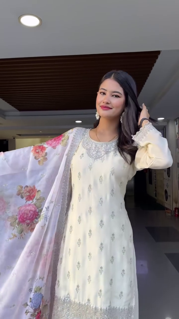 Off-White Designer Palazzo Suit Set with Intricate Silver Embroidery, Floral Printed Organza Dupatta, and Detailed Lace Borders – Perfect for Festive Occasions and Traditional Celebrations - Image 3