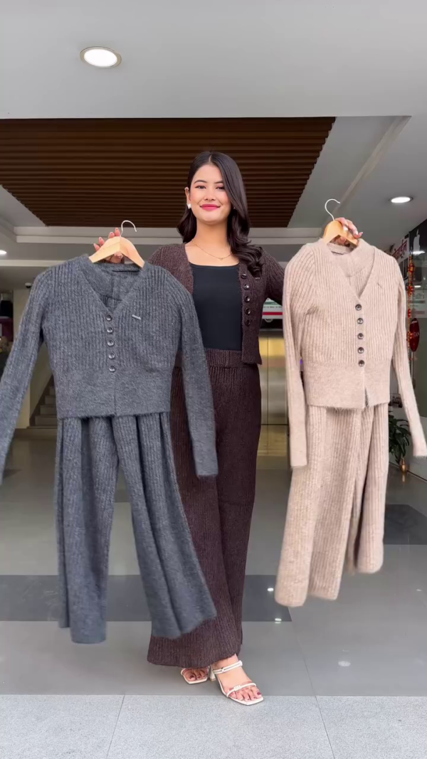Women's Stylish Ribbed Knit Co-ord Set with Buttoned Cardigan and Wide-Leg Pants – Available in Beige Black and Charcoal Grey