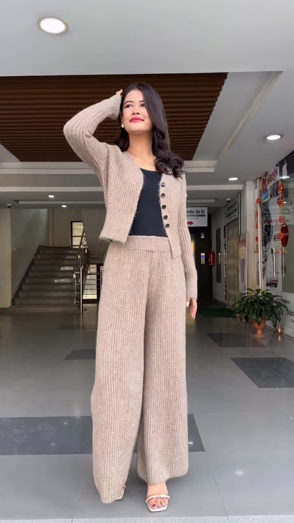 Women's Stylish Ribbed Knit Co-ord Set with Buttoned Cardigan and Wide-Leg Pants – Available in Beige Black and Charcoal Grey - Image 3