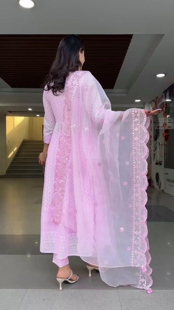 Light Pink Georgette Anarkali Suit Set with Intricate White Thread Embroidery, Paired with Matching Straight Pants and Scalloped Dupatta – Perfect for Festive and Ethnic Occasions - Image 3