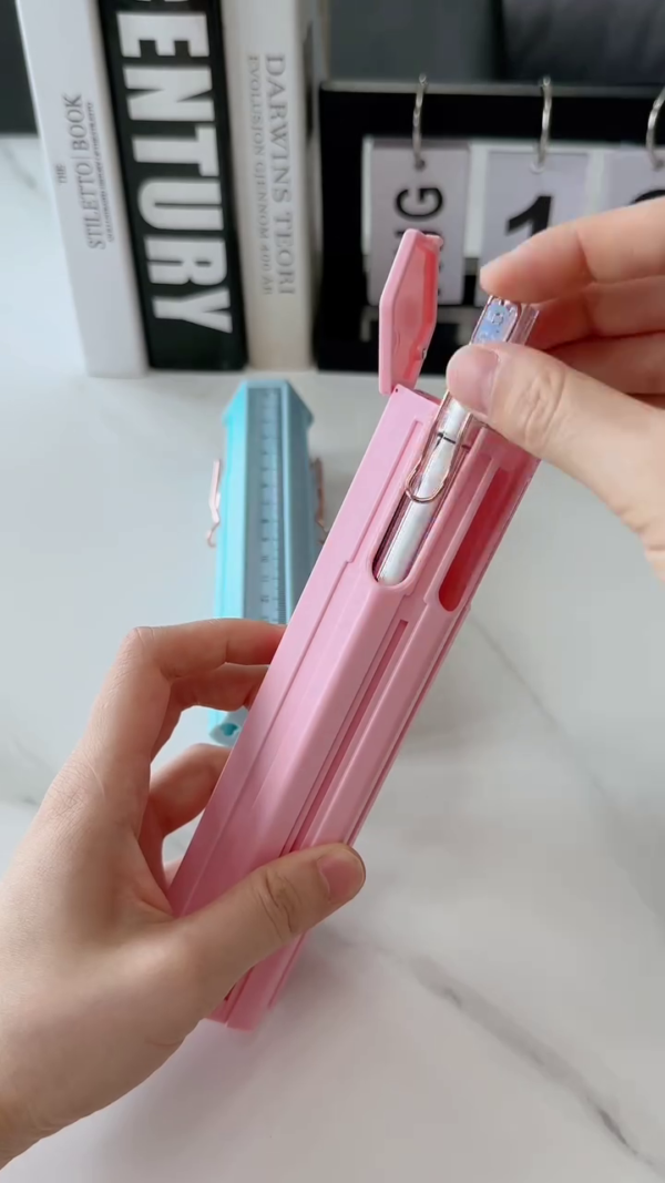Multifunctional 2-in-1 Geometric Ruler and Compact Stationery Storage Box with Built-in Mini Pens, Eraser, Sharpener, and Clips – Ideal for Students, Artists, and On-the-Go Organization - Image 3