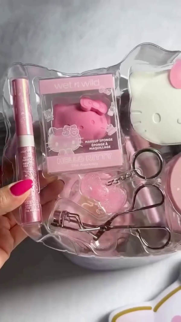 Limited Edition Makeup Collection Set - Featuring Glitter Mascara, Makeup Sponge, Eyeshadow Palette, Glossy Lip Tints, Eyelash Curler, Lip Balm, and Cosmetic Accessories in a Cute Pink Hello Kitty Design